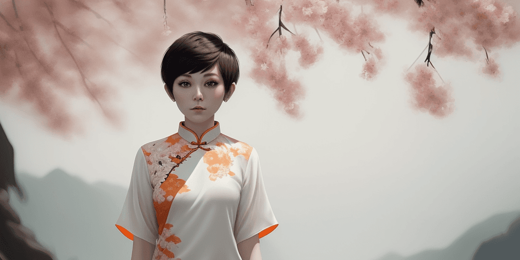 AI generated: chinese orange blouse, pixie cut, (white short hair), in the style of dreamy and romantic compositio...