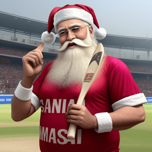 AI generated: santa claus in mumbai indians jersey playing cricket