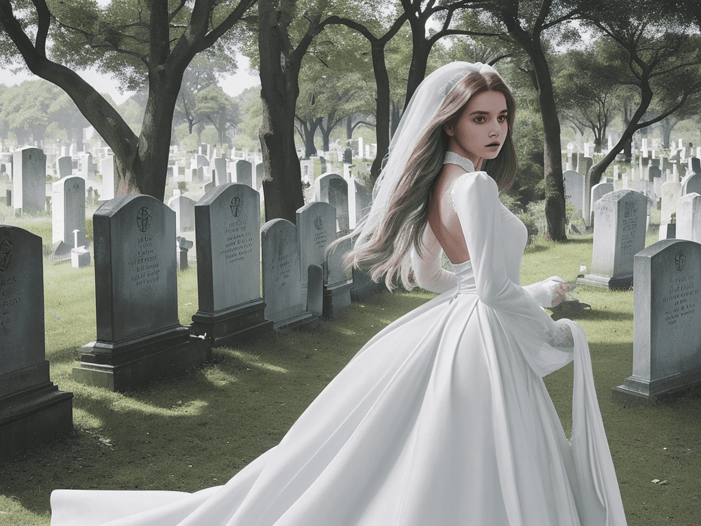AI generated: The image depicts a woman in a white dress standing in a graveyard, surrounded by tombstones and tre...