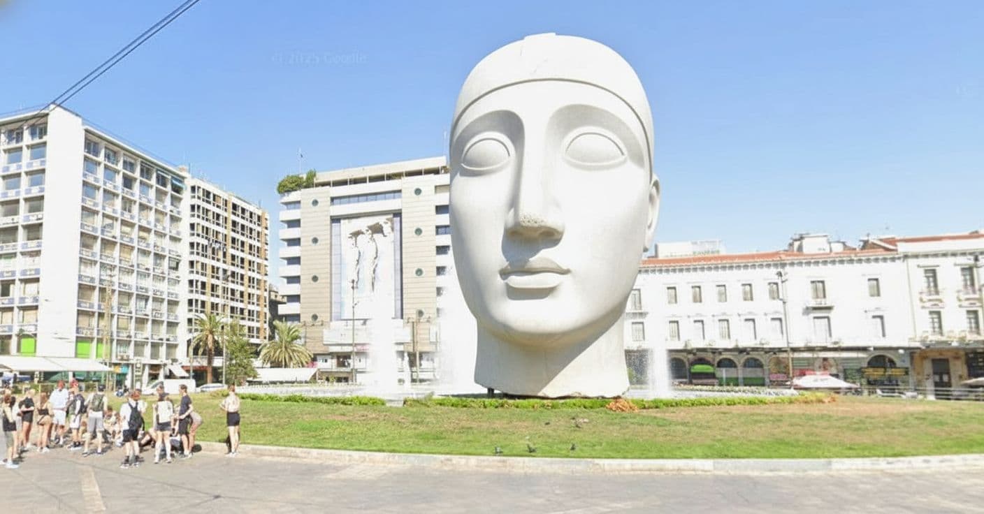 AI generated: Put in the centre of the square a giant cycladic art marble head.