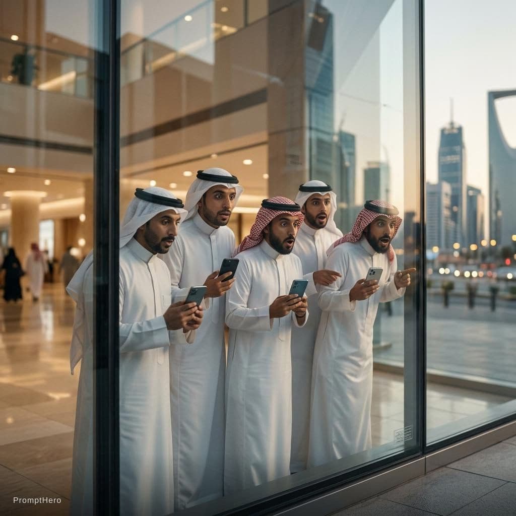 AI generated: I need a photo of a group of people wearing Saudi attire, holding their smartphones, and looking sur...