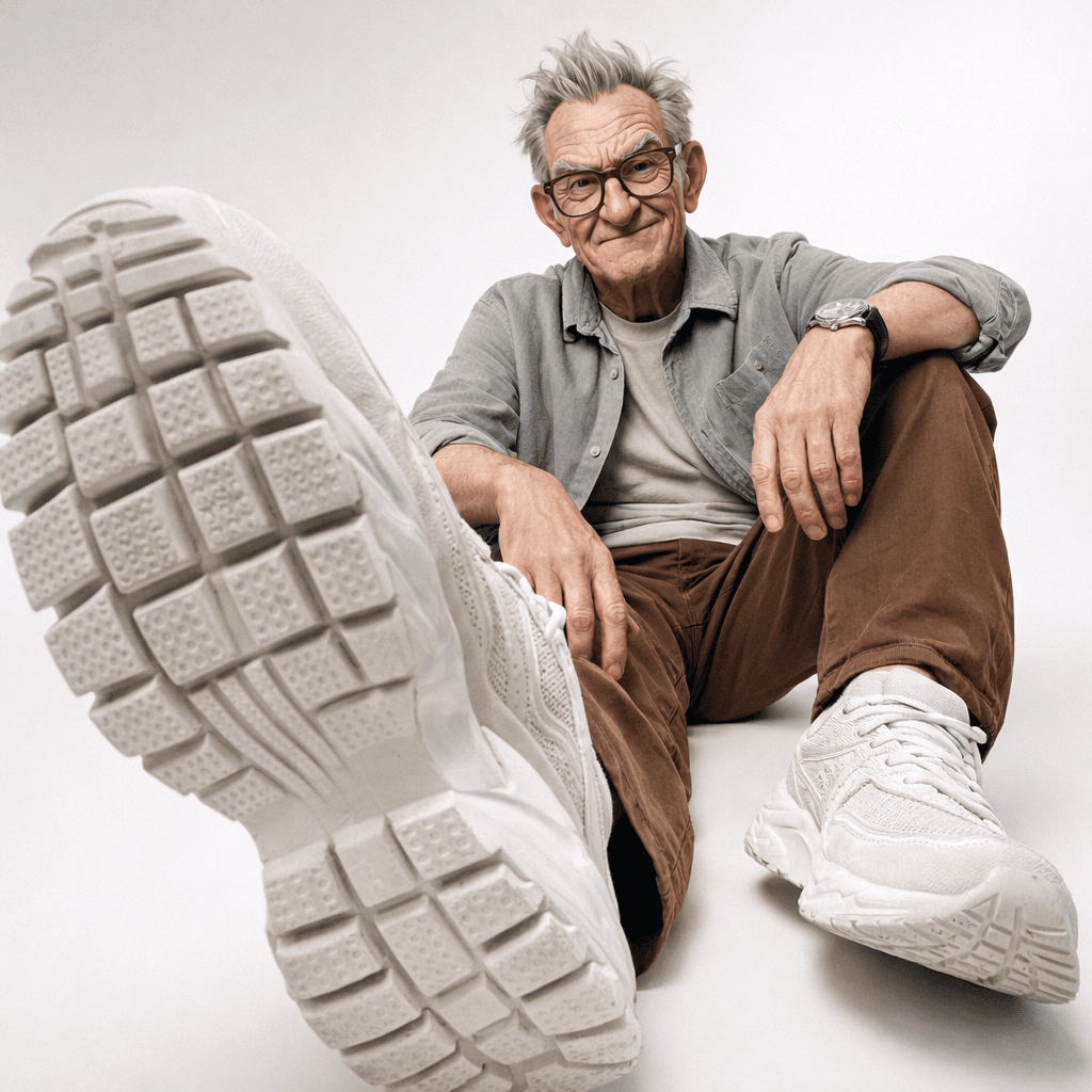 AI generated: Minimalist editorial studio photoshoot of a man (from attached photo) sitting casually on the floor ...