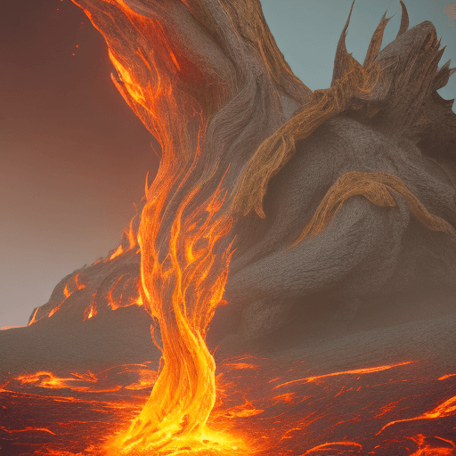 AI generated:  burning desert, hellscape, lava, burning shrub,  fantasy, digital art, photo, photorealistic, photo...