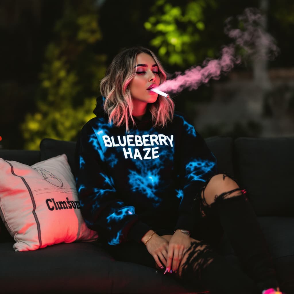 AI generated: Photo of a woman wearing a black neon blue tie dye hoodie saying blueberry haze on the front black r...