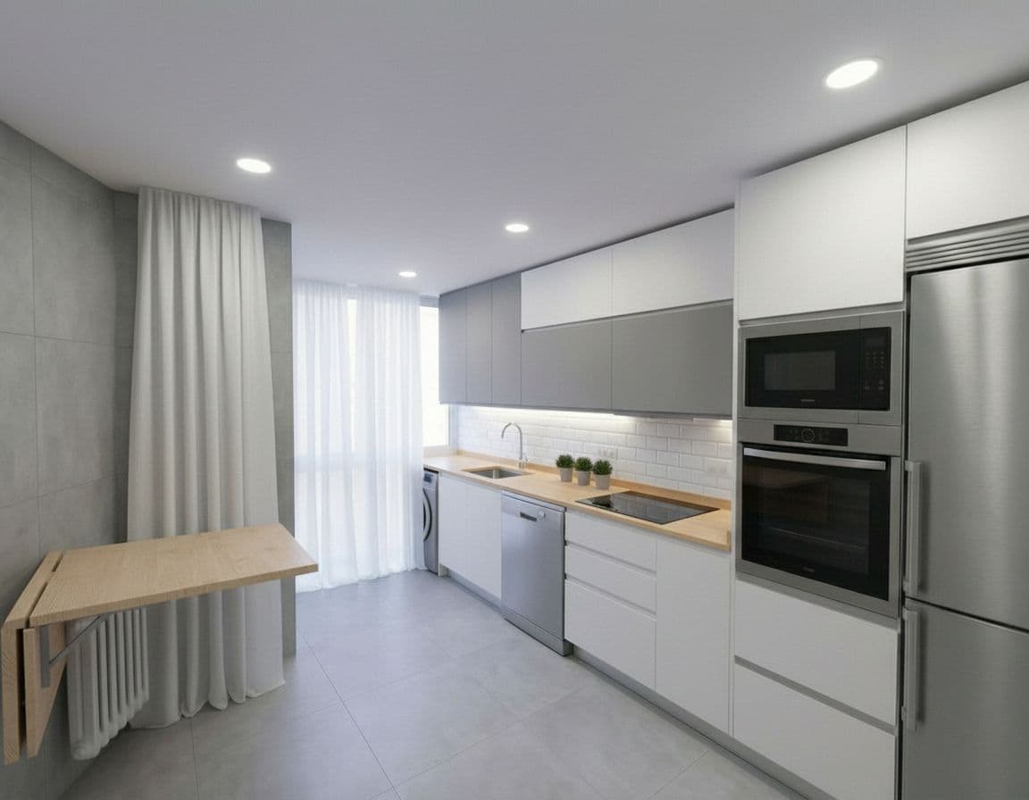 AI generated: la mesa de la pared tiene que poder moverse, y adapta los electrodomésticos al estilo de toda la ima...