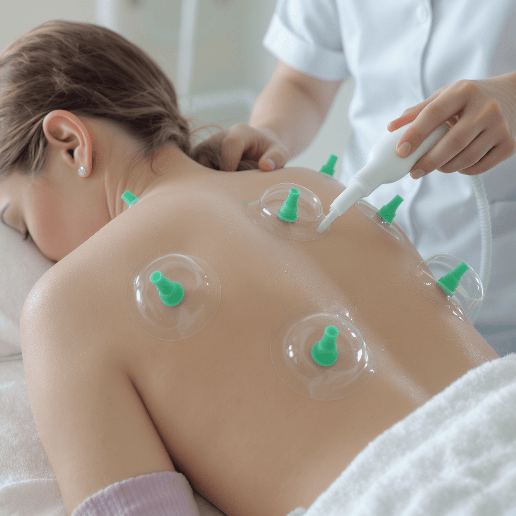 AI generated: Professional clinical setting, close-up shot of a female patient receiving cupping therapy, transpar...