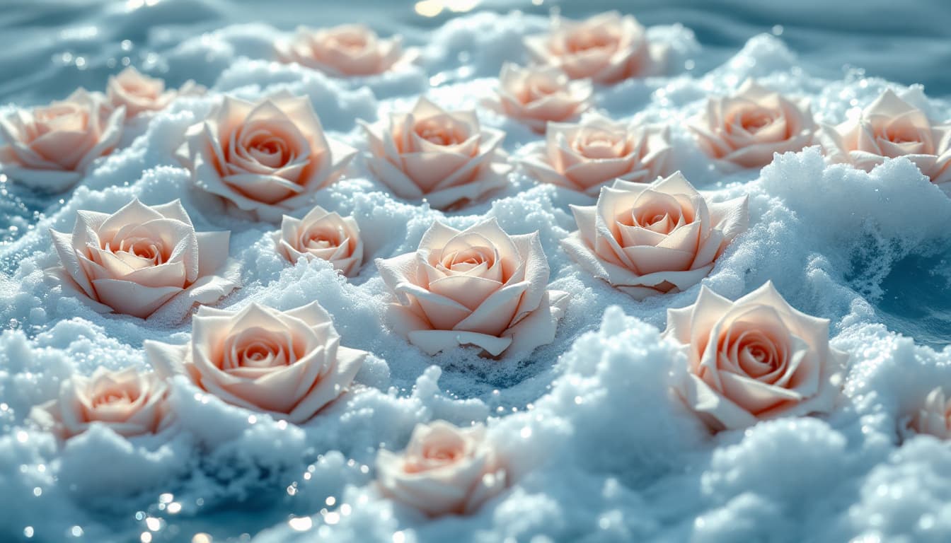 AI generated: ocean waves with sea foam, forming multiple tea roses bouquets in 3d pattern rising high from the wa...