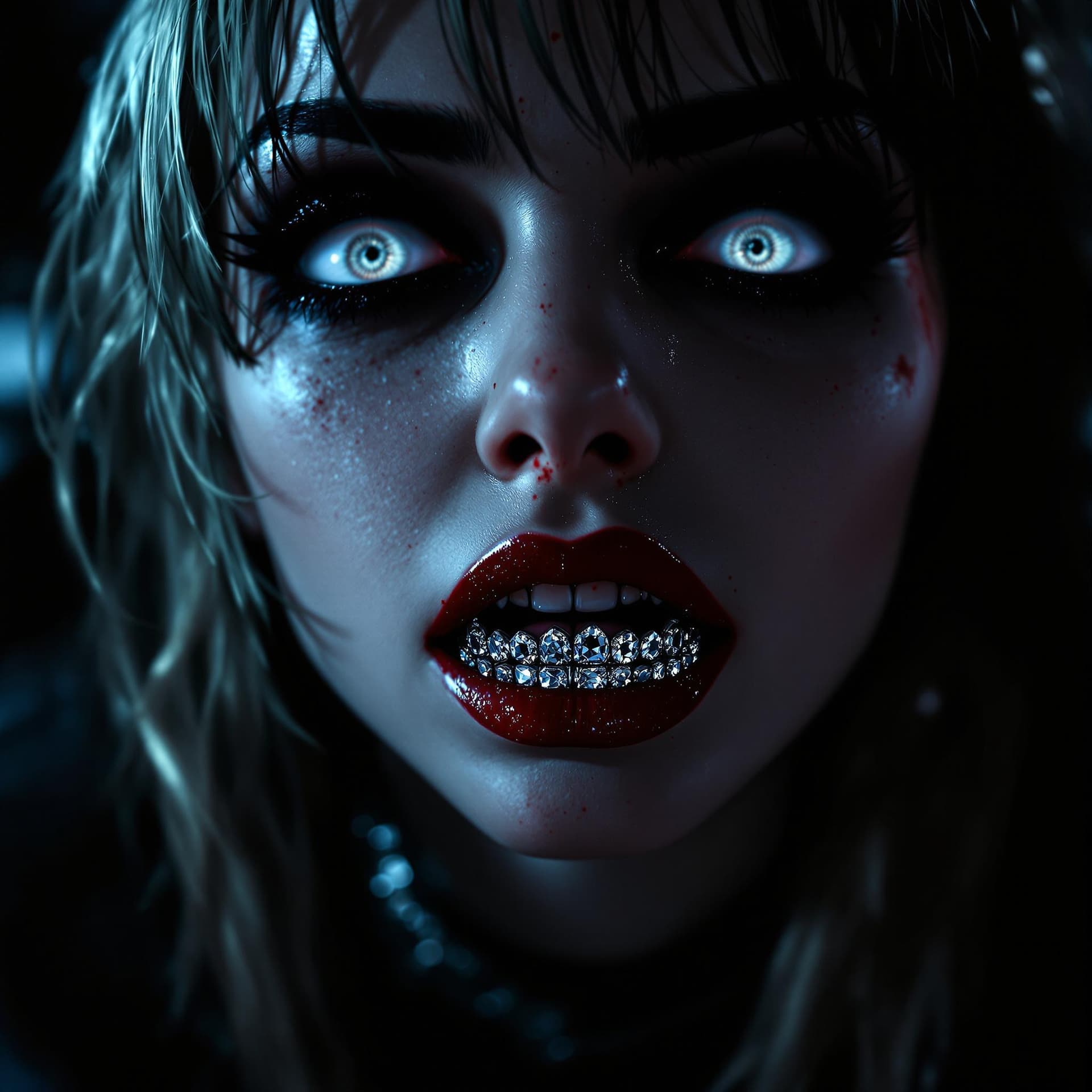 AI generated: anime horror close-up portrait of a woman inspired by Madonna, styled like a character from Smile, h...