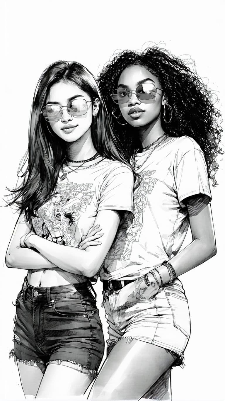AI generated: Black and white ink sketch of two young women, one of East Asian descent and the other of African de...