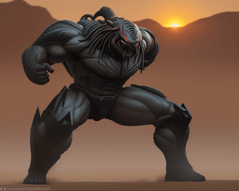 AI generated: Action photography of the Predator from John McTiernan's movie, posing ready to fight with sunset gr...
