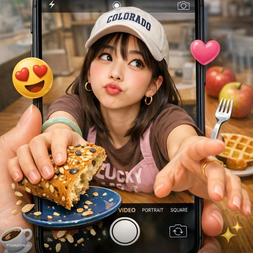 AI generated: {
  "subject": {
    "description": "Young woman viewed through a smartphone screen held by a first-...