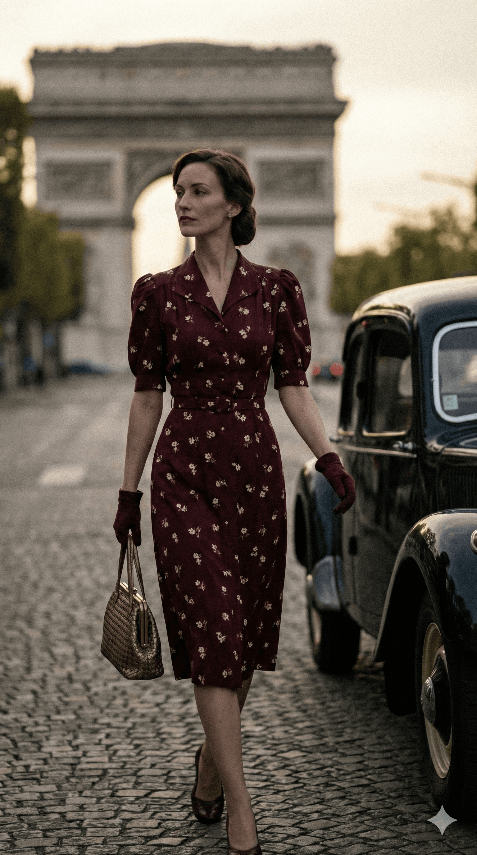 AI generated: High-fashion, cinematic photograph of a slender woman walking confidently on a vintage European stre...