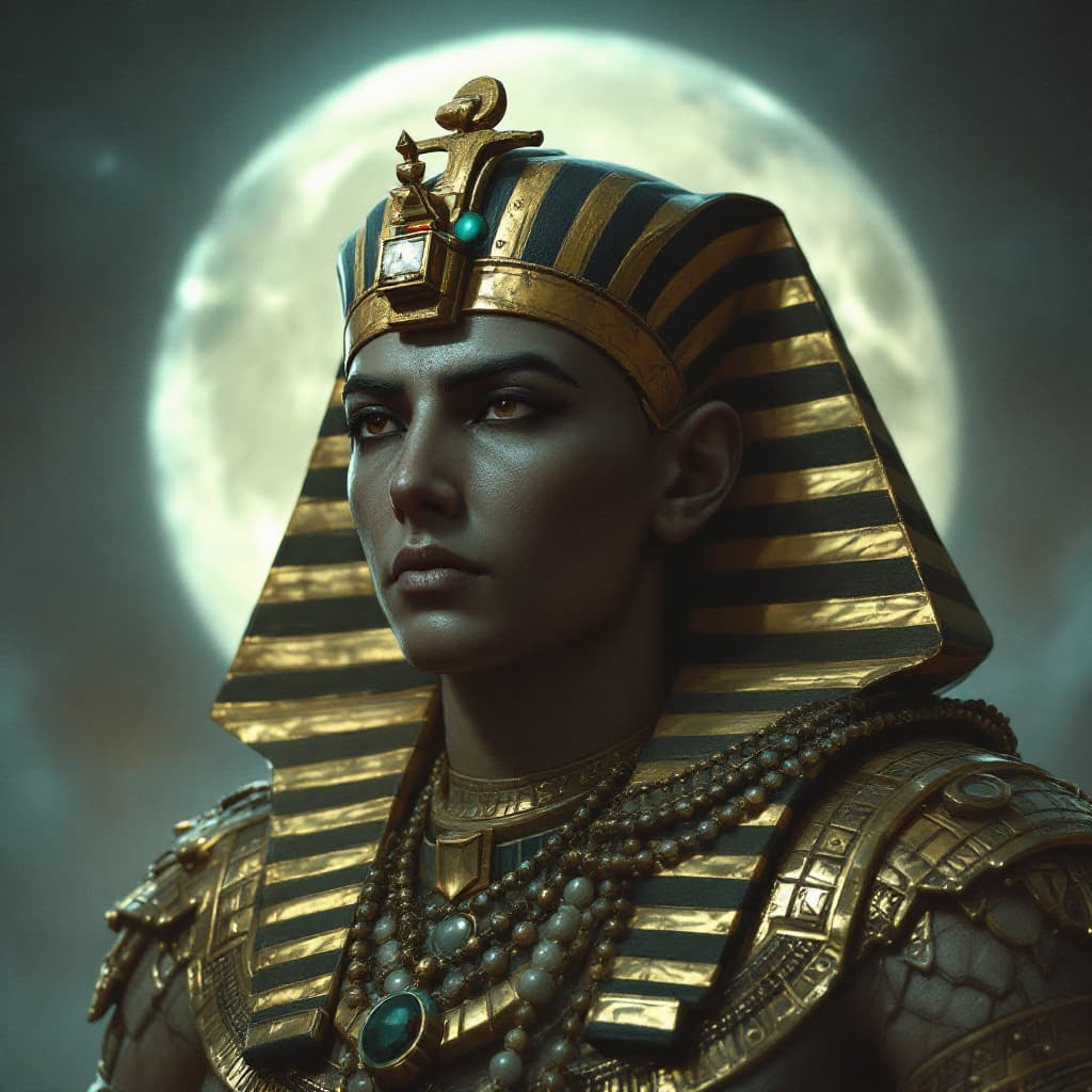 AI generated: Pharaoh and the moon behind him, cold color palette, muted colors, very detailed, sharp focus