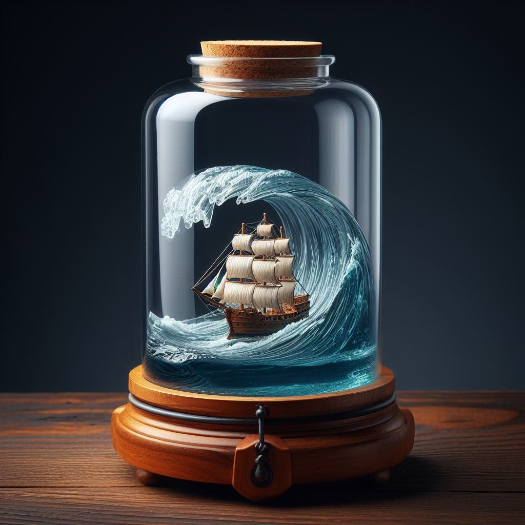 AI generated: Professionally Photographed view of a Ship-in-a-bottle, hand-crafted model ship and waves, detailed,...