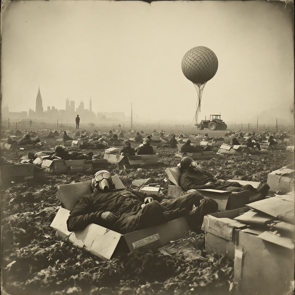 AI generated: People in gas masks lie in cardboard boxes. Rest, lunch siesta, on a plowed field, in the distance a...