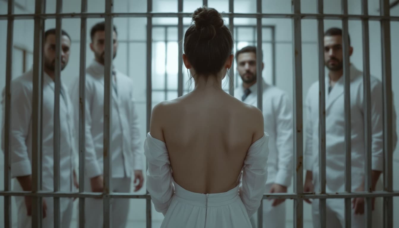 AI generated:  high definition camera shot from behind- a woman in a white gown and  four men with her behind the ...