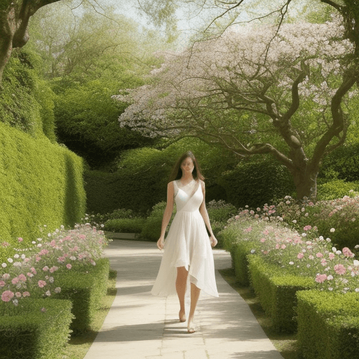 AI generated: A model wearing flowing, airy dress walking gracefully along a winding path in a lush garden surroun...