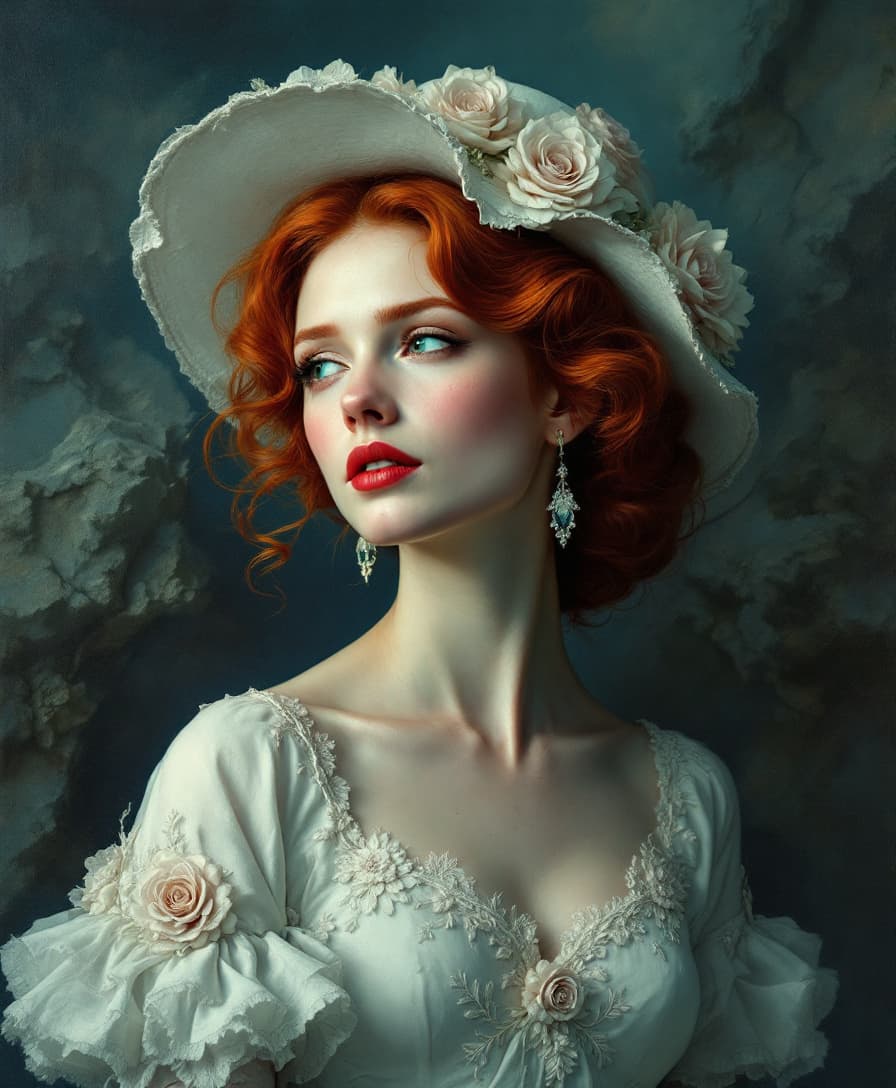 AI generated: Oil painting of a red-haired woman with a white hat decorated with embossed flowers, her expression ...