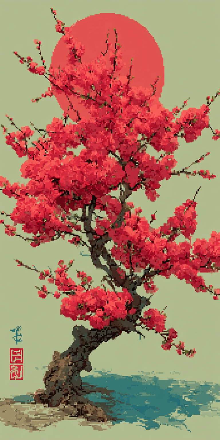 AI generated: Cherry blossoms and the moon in the style of Ukiyo-e, delicate brushwork, ink stamp at the bottom ri...