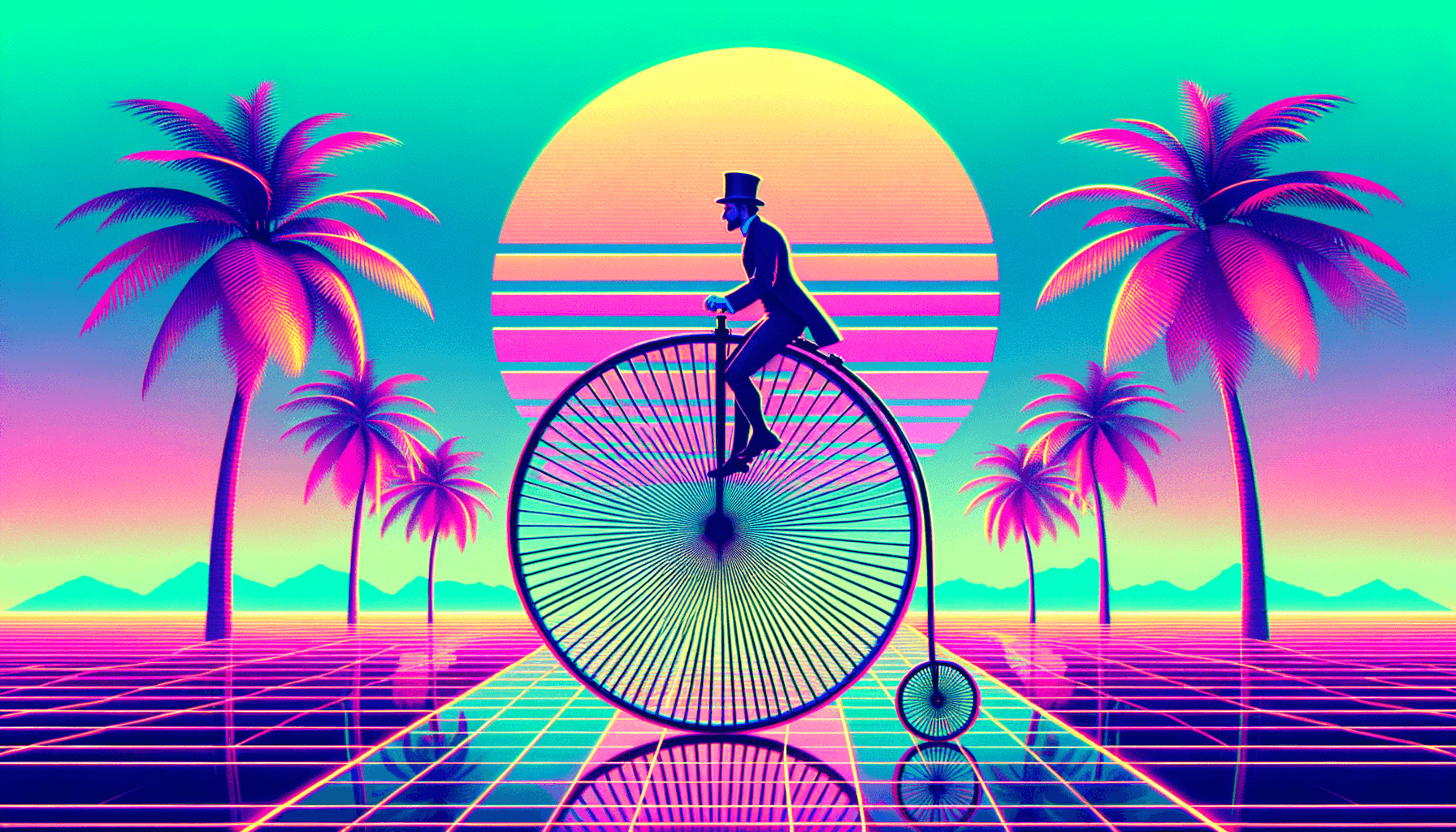 AI generated: person riding a Penny Farthing, style vaporwave