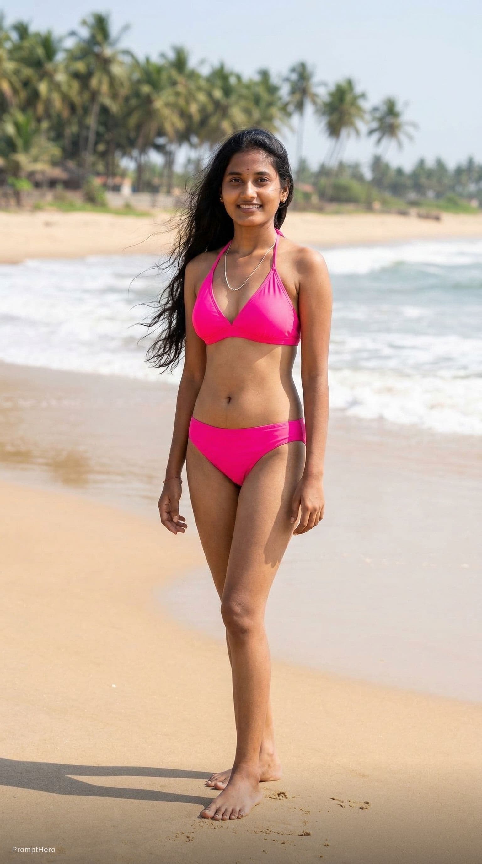 AI generated: Full body character had to feet, She's standing on the beach wearing a pink bikini