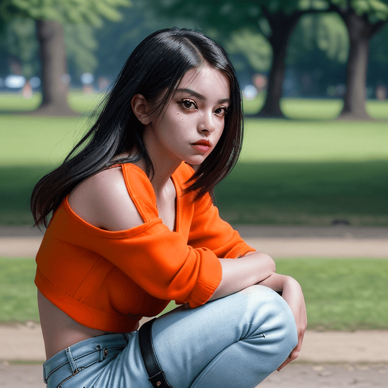 AI generated:  (masterpiece, RAW photo), portrait photo of a trendy beautiful girl casually squatting in a park, c...