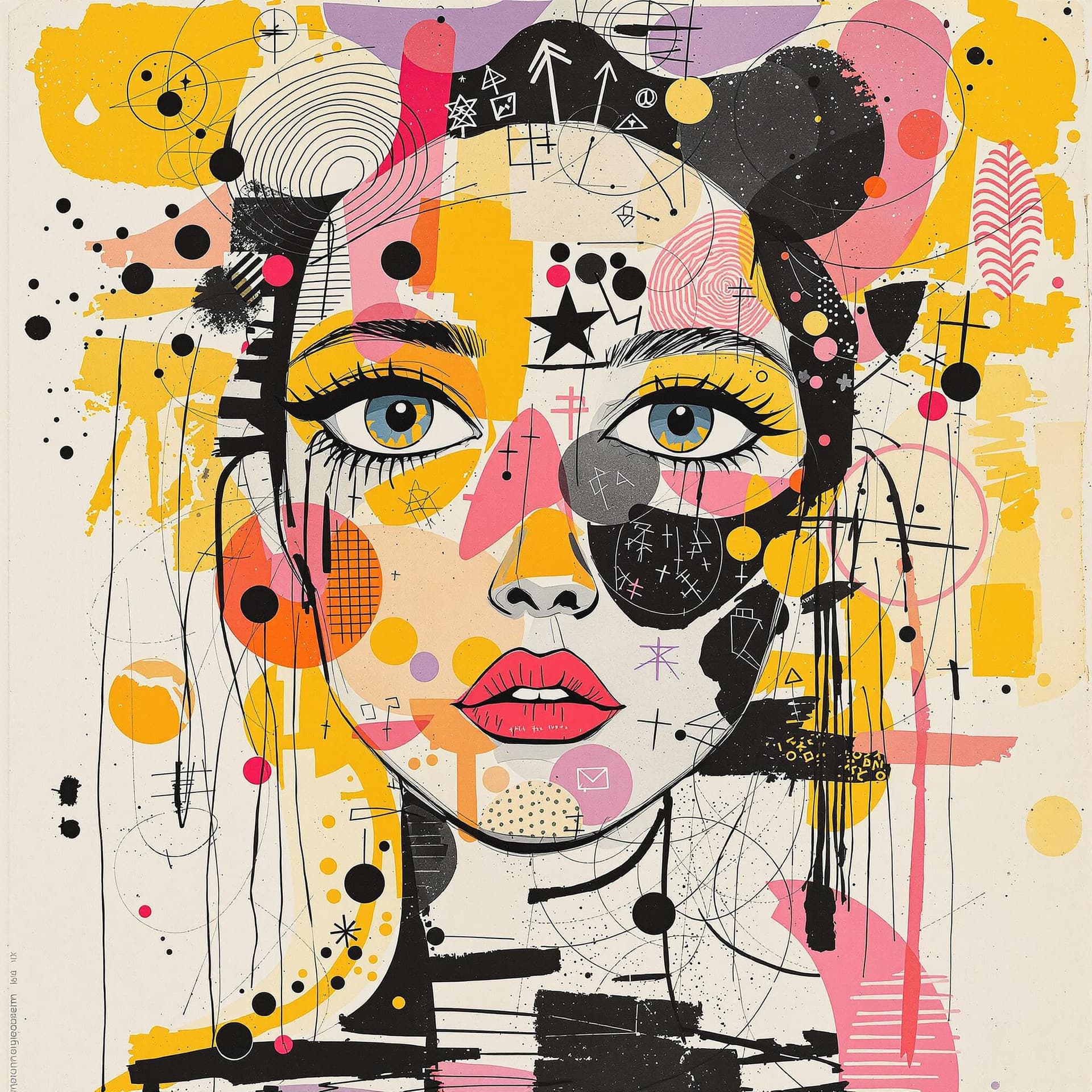 AI generated: A mixed media collage featuring an abstract female figure with expressive eyes, adorned in vibrant p...