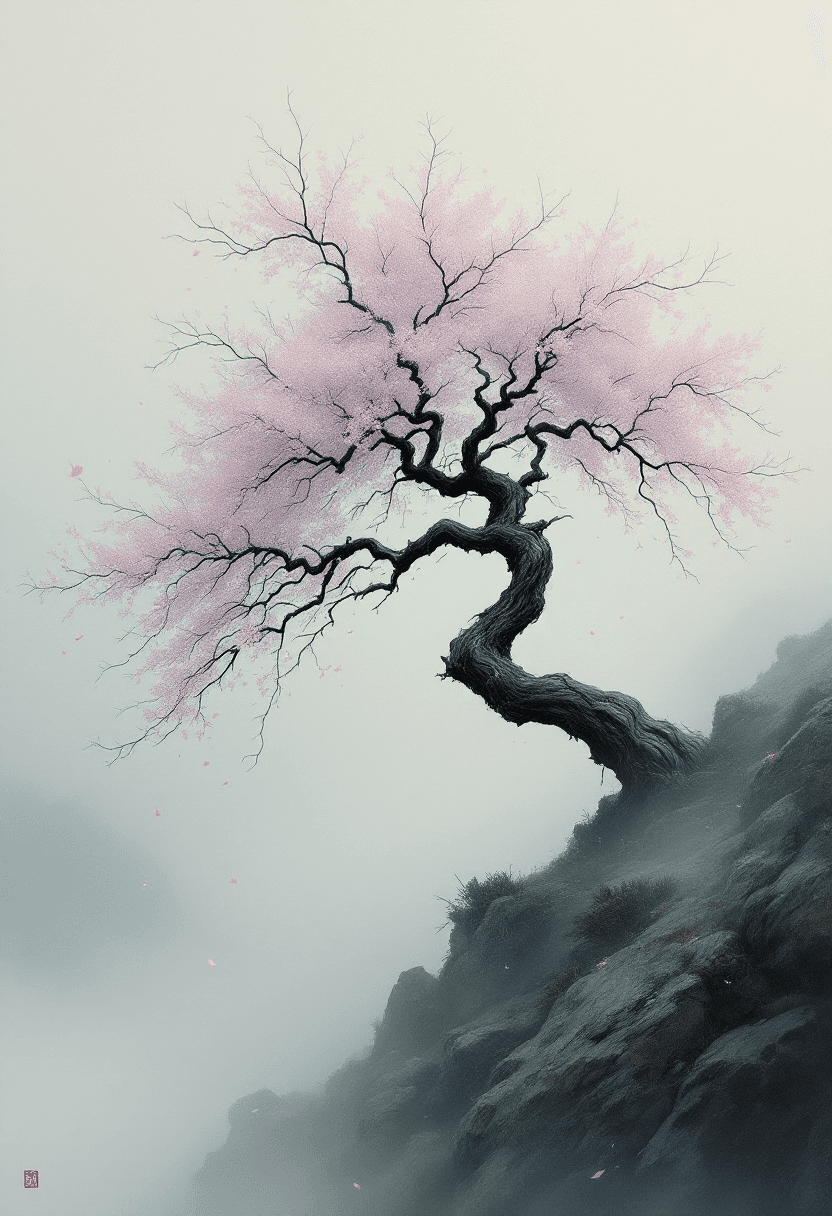 AI generated: A traditional Japanese ink wash painting of a twisted old tree on a quiet rocky slope, surrounded by...