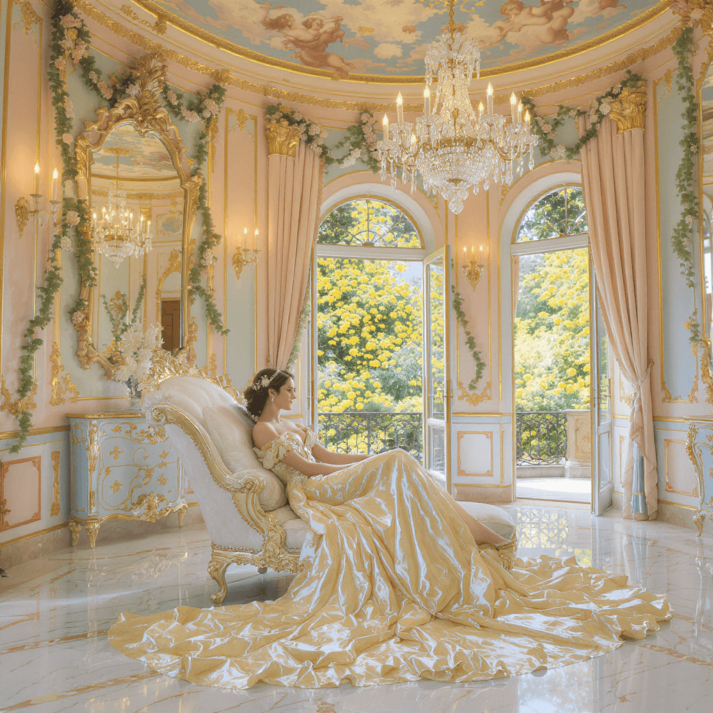 AI generated: prompt: Inside a luminous salon adorned with pale pink and sky-blue gilded walls, an enchanting nobl...