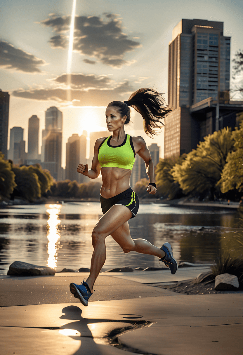 AI generated: HDR photo of fit woman, running on a sidewalk through a park next to a creek, sports bra, spandex sh...