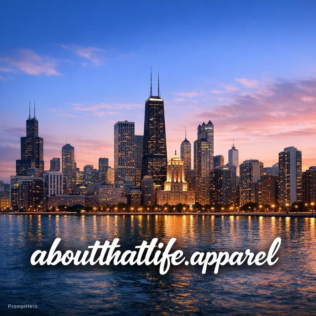 AI generated: Just a simple skyline with the name aboutthatlife.apparel at the bottom