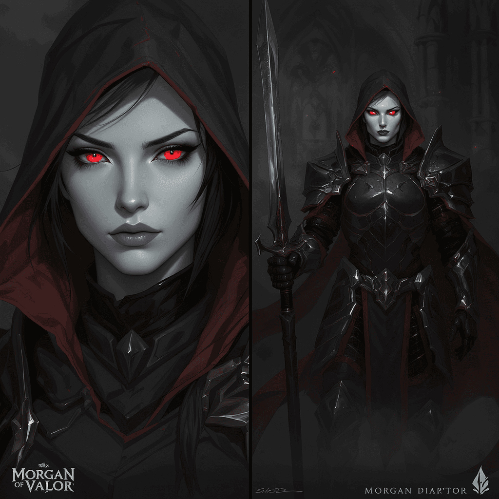 AI generated: (masterpiece, best quality, highres)

A split-screen diptych layout featuring Morgan of Valor from S...