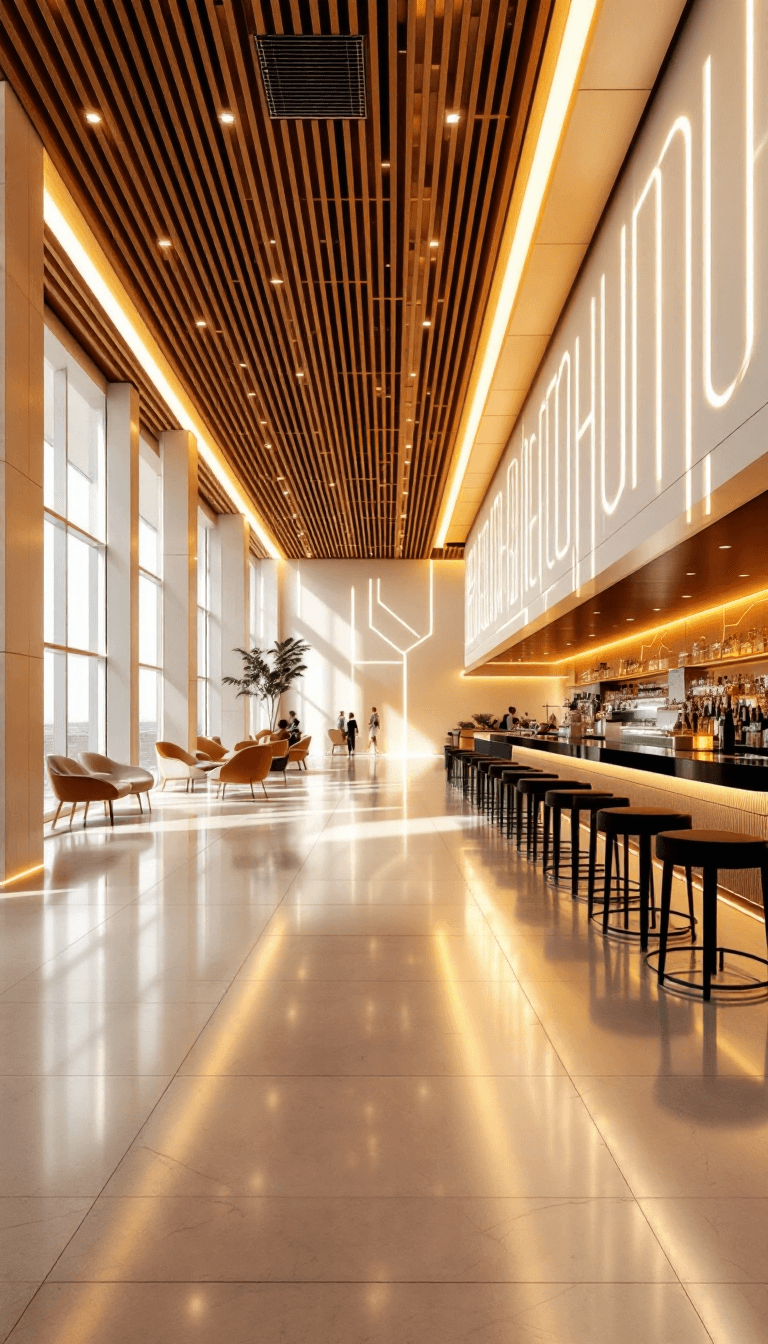 AI generated: a bar in an airport that is lit up with white lights, in the style of precisionist lines and shapes,...