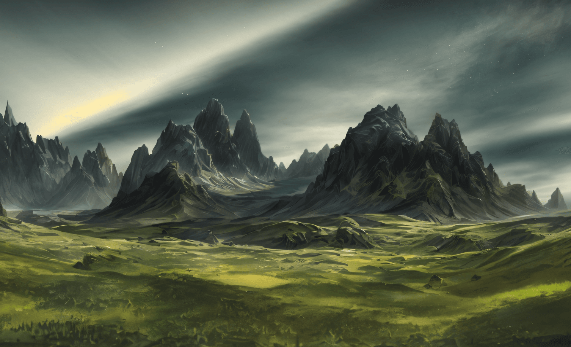 AI generated: mountains in the distance with a grassy field in front of them, beautiful render of a landscape, 8 k...