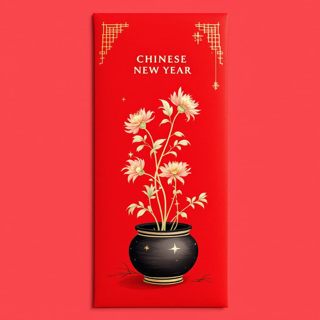 AI generated: A red envelope cover with the words "CHINESE NEW YEAR" written in gold foil, featuring an illustrati...