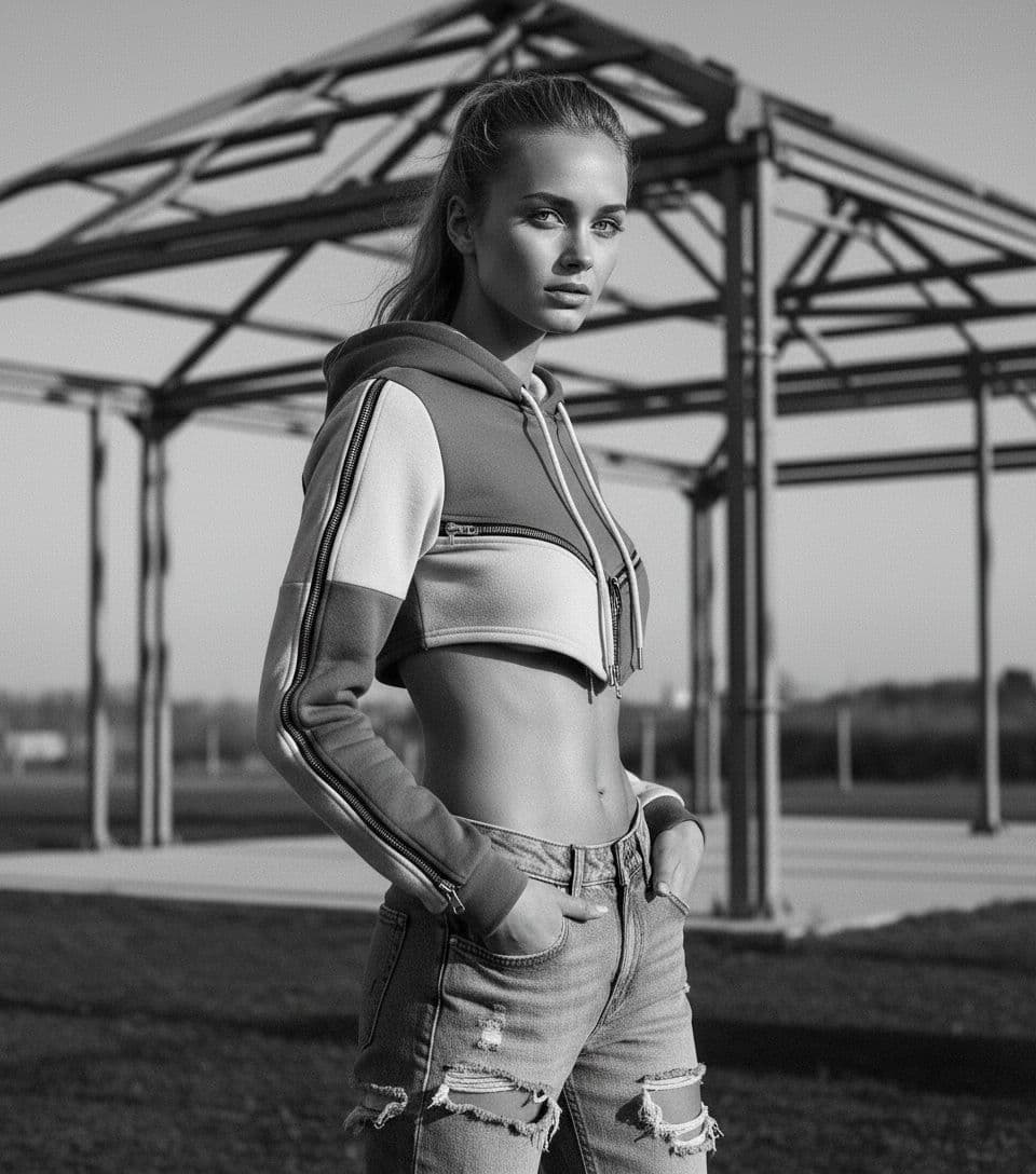 AI generated: black and white photography, deconstucivist Fashion shot from a distance photo of a 24 year old Fula...