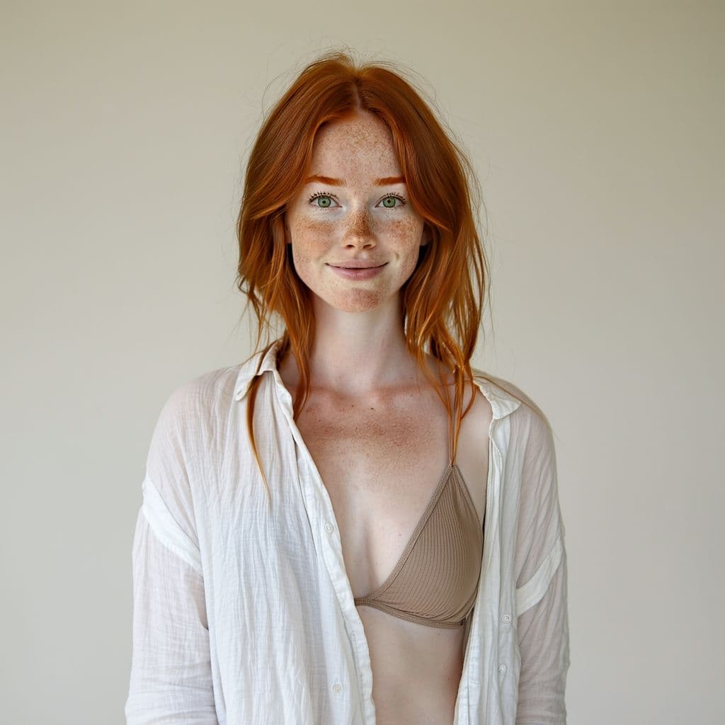 AI generated: Full-body head-to-toe portrait of a 29-year-old ginger woman with freckles only on her cheeks (no ma...
