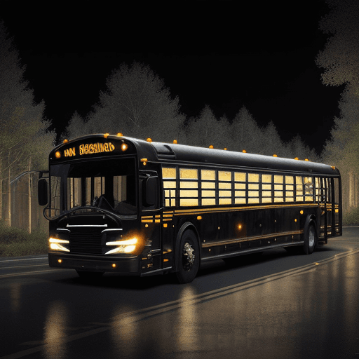 AI generated: big glossy black school bus at a distance,  nearby forest, intricate details, in the middle of the n...