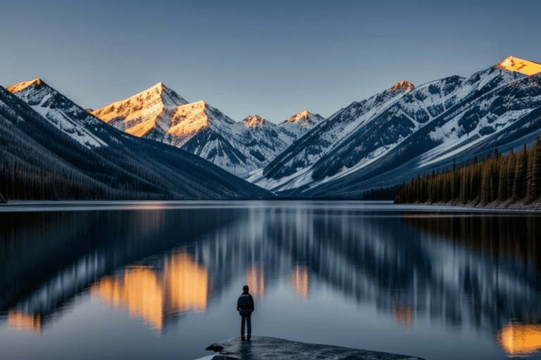 AI generated: closeup photograph of a lonely person standing near a mountain lake, serene, early morning, cool wea...