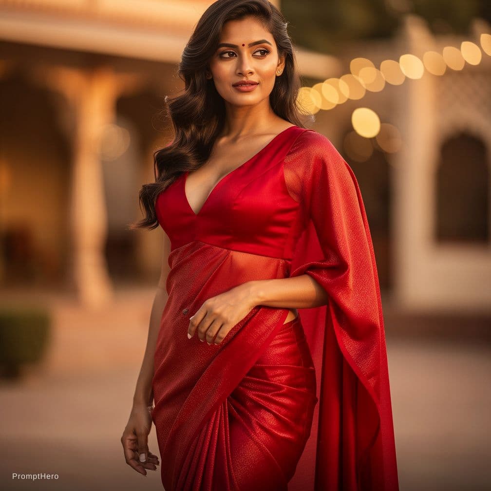 AI generated: beautiful girl red saree, sleeveless, deep neck blouse ,

