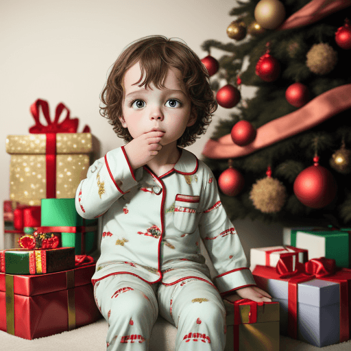 AI generated: Portrait of a child in pajamas, in an apartment against the background of a Christmas tree and prese...