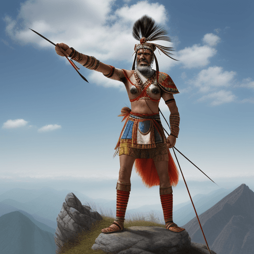 AI generated: Ancient Indian warrior standing at the top of the mountain with a bow