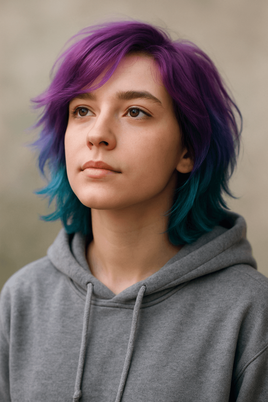 AI generated: A person with vibrant purple hair fading into blue and then teal, wearing a grey hoodie, looking sli...
