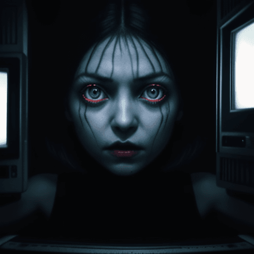 AI generated: village of the damned, girl with spooky glowing eyes closeup, crawling out a tv screen,  vintage tv ...