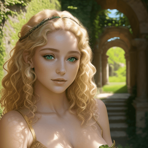 AI generated: A timeless beauty of a young female, with green eyes and curly blonde hair, ancient sensual attire, ...