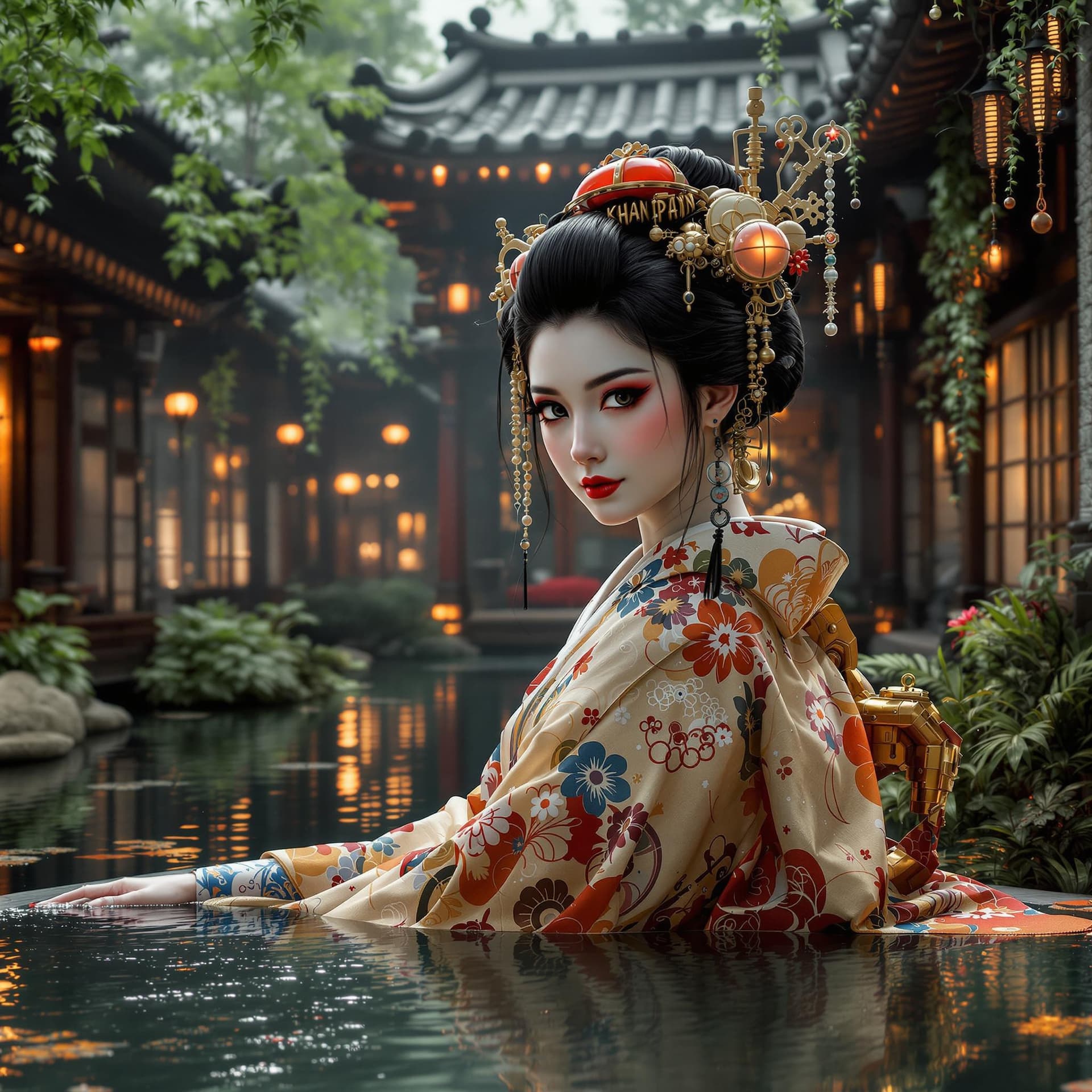 AI generated: geisha industrial steampunk oasis lake