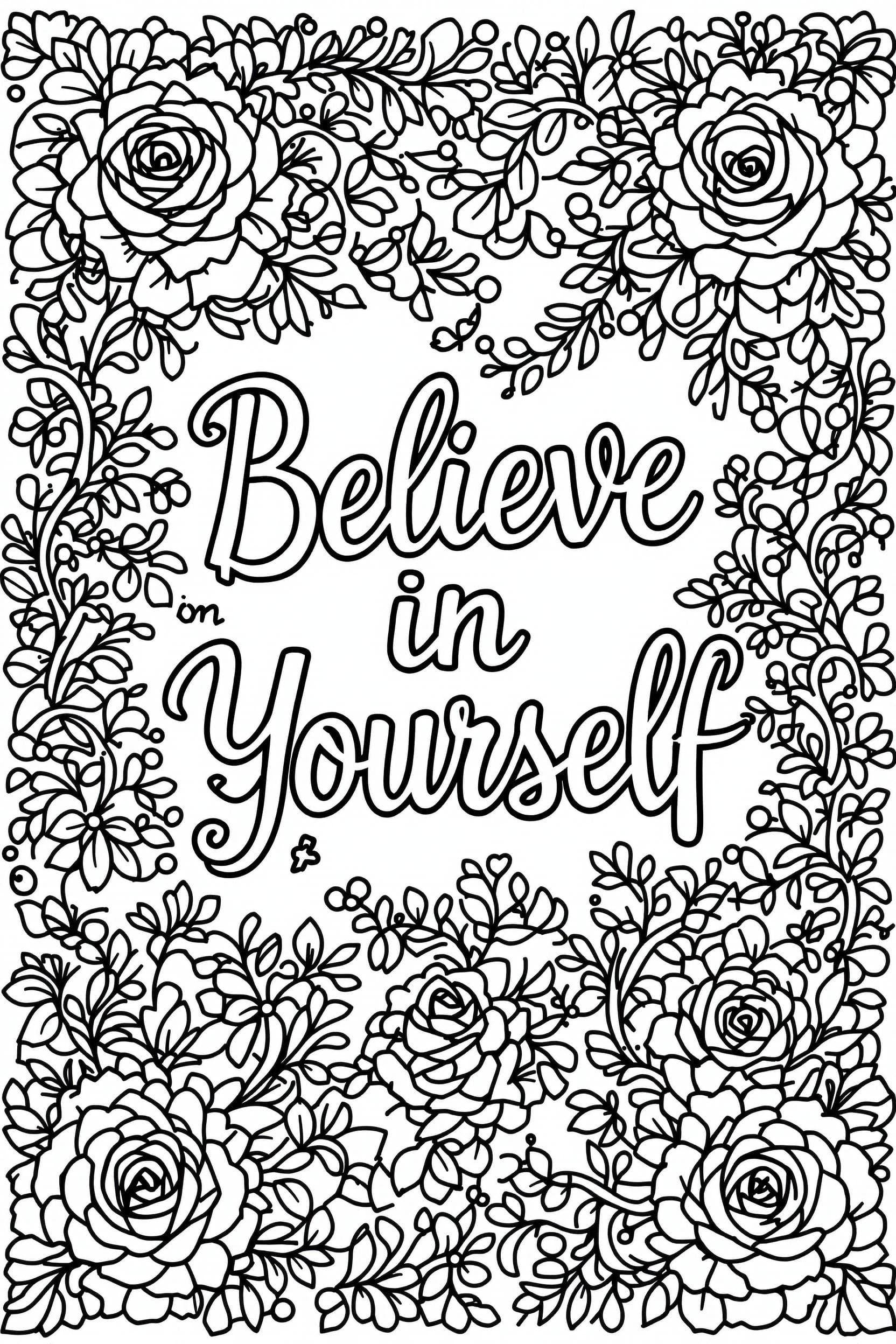 AI generated: "Black and white line drawing {"Create a black-and-white coloring page with the quote 'Believe in Yo...