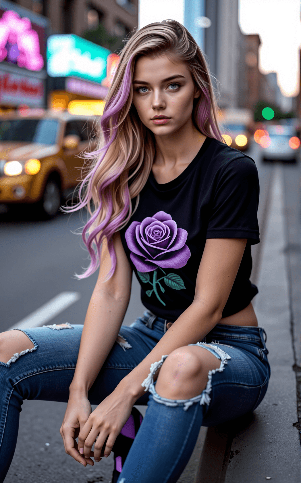 AI generated: A whimsical, cinematic portrait of a gorgeous teenage blonde with long, flowing hair streaked with v...