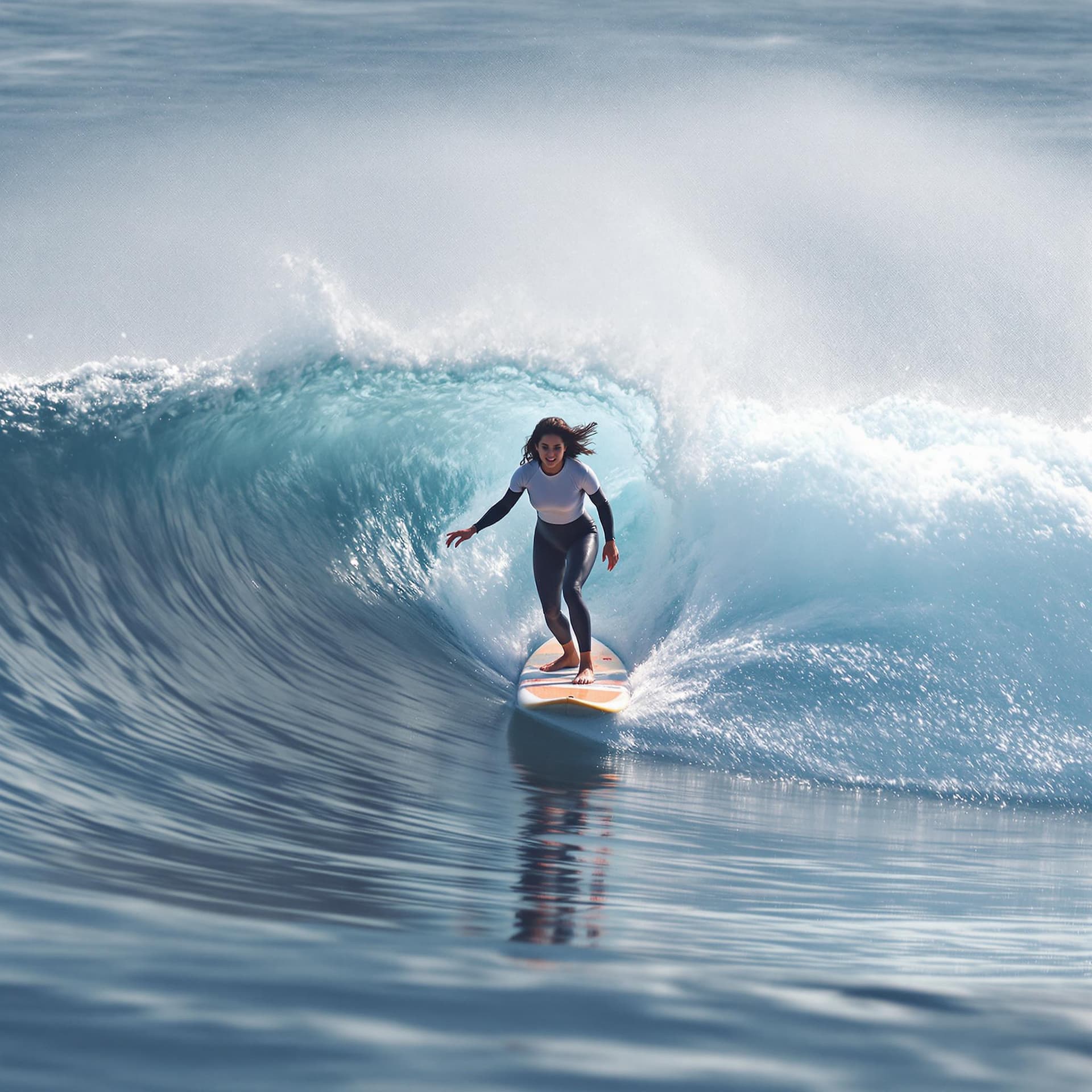 AI generated: The image features a Indian woman riding a wave on a surfboard. She is skillfully navigating the wav...