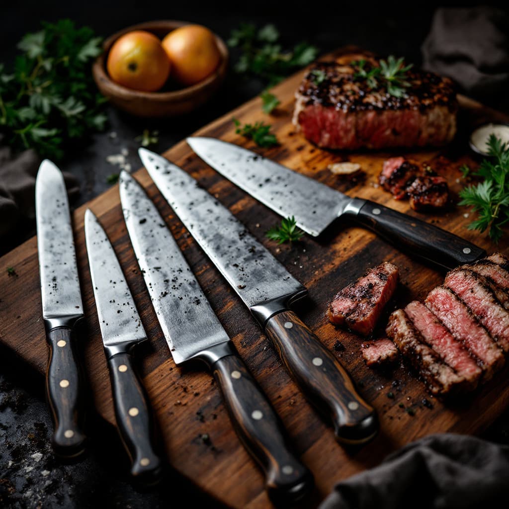 AI generated: Darker photography of different sizes clean steak knives on big wooden cutting board with nicely gri...